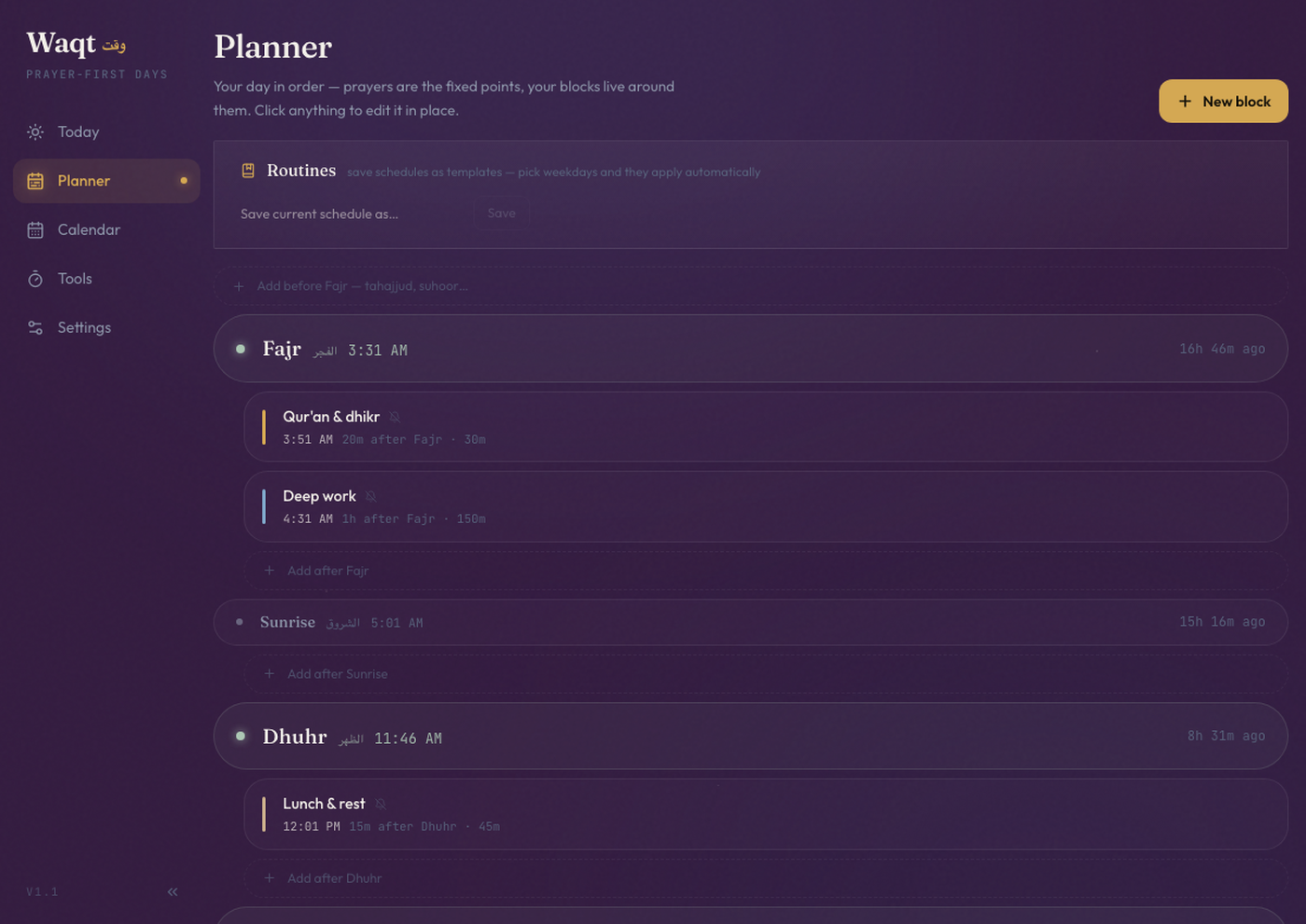 Waqt Planner — prayer cards and blocks